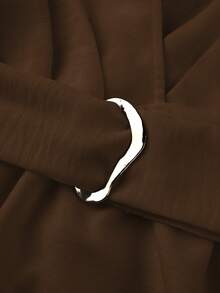 Franclia Plus Size Women's Solid Color Slub Fabric V-Neck Cinched Waist Belt With Large Metal Buckle Decor Pleated Cap Sleeve A-Line Brown Blouse Brunch Summer - Coffee Brown - View 6