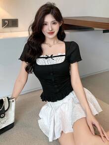 DAZY 女士撞色蝴蝶结休闲短袖T恤夏季娃娃衫可爱上衣 - 黑色 - 查看 6