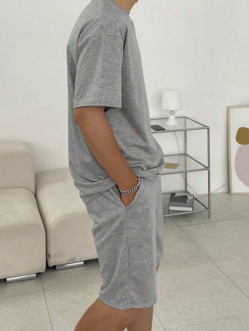 Men's Solid Gray Short Sleeve T-Shirt And Shorts Set, Summer