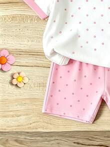 2件組女童幼童夏季新款粉色對比領粉色圓點草莓刺繡圓領柔軟面料短袖T恤彈性腰粉色圓點印花喇叭長褲簡約百搭時尚套裝 - 彩色 - 查看 6
