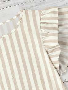 Mellowie Striped Round Neck Casual Versatile Daily Ruffle Sleeve Plus Size Shirt - Multicolor - View 4