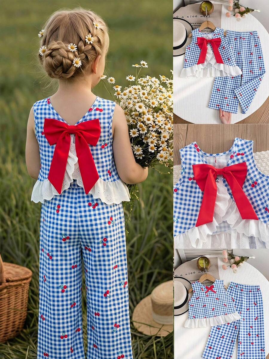 Emery Rose Kids Emery Rose Kids 少女編織格紋櫻桃圖案拼接撞色荷葉邊休閒背心與長褲兩件組 - 彩色 - 查看 1