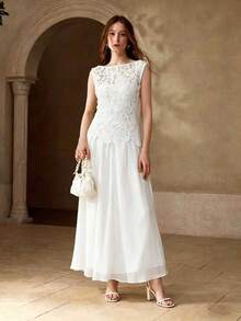 MOTF PREMIUM WOMEN'S ELEGANT CONTRAST GUIPURE LACE SLEEVELESS WAIST-CINCHING LONG DRESS - White - View 6