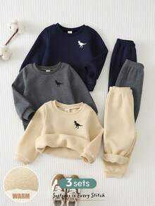 Cozy Pixies 嬰兒男孩女孩恐龍Logo針織柔軟圓領長袖套頭衛衣彈性腰長褲 3件套 - 彩色 - 查看 1