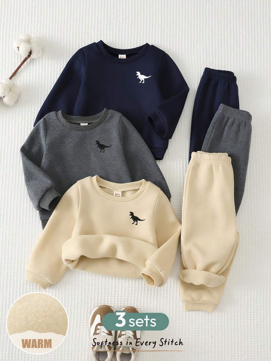 Cozy Pixies 嬰兒男孩女孩恐龍Logo針織柔軟圓領長袖套頭衛衣彈性腰長褲 3件套 - 彩色 - 查看 1