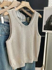 SHEIN CURVE+ New Plus Size Women's French Casual Knit Vest Apricot Top, Single-Breasted Design, Hollow Knit Texture, Creating A Soft Atmosphere, Commute/Workwear Layering Design, Exquisite V-Neck Style, Sleeveless Knit Cardigan, Made Of Soft Beige Fabric, Suitable For Spring And Summer, Simple Vintage Versatile And Comfortable - Apricot - View 2