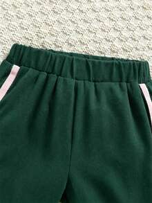 SHEIN 新生女嬰粉黑時尚套裝短袖上衣配3D蝴蝶結可愛套裝 0-9個月嬰兒適用 - 軍綠色 - 查看 5