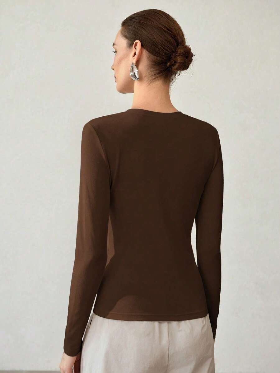 MOTF PREMIUM HIGH ELASTICITY SKIN-FRIENDLY SOLID COLOR ROUND NECK SLIM FIT FLATTERING LONG SLEEVE VERSATILE WOMEN'S BASE LAYER TOP - Coffee Brown - View 2