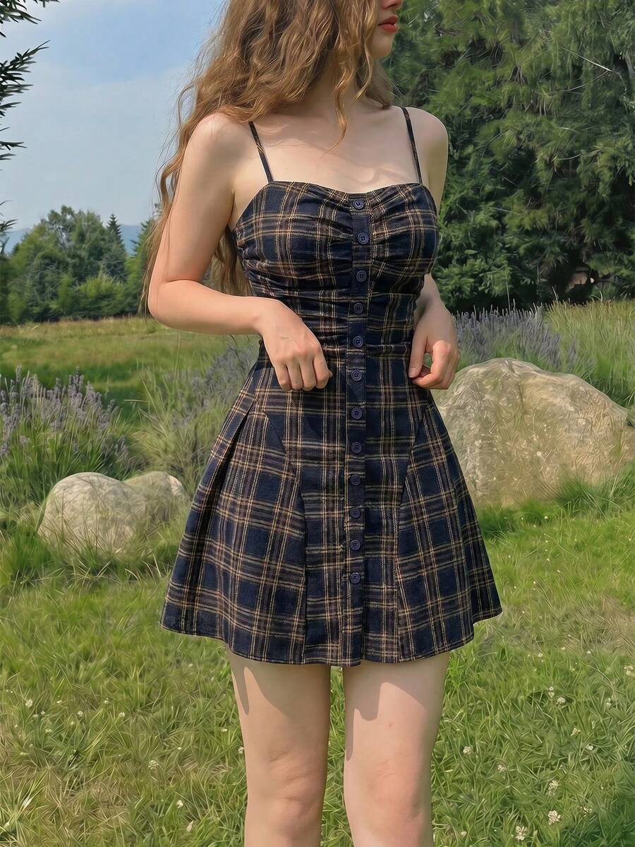 SHEIN MOD 女款格紋細肩帶無袖前扣優雅迷你洋裝,夏季 - 彩色 - 查看 1