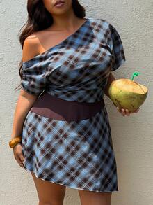 Sunnyshic Plus Size Spring/Summer Asymmetrical Shoulder Plaid Waist Knot Solid Color Patchwork Dress Beach Vacation Baby Blue Sexy 1960s 90s - Multicolor - View 6