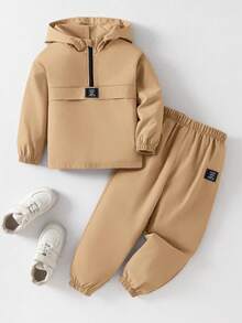 SHEIN 2件組兒童青少年男童休閒日常百搭舒適拼接連帽半拉鍊套頭寬鬆長袖外套與鬆緊束口寬鬆長褲梭織兩件套，適合學校、花園、海灘、生日，適用春夏季節 - 卡其色 - 查看 4