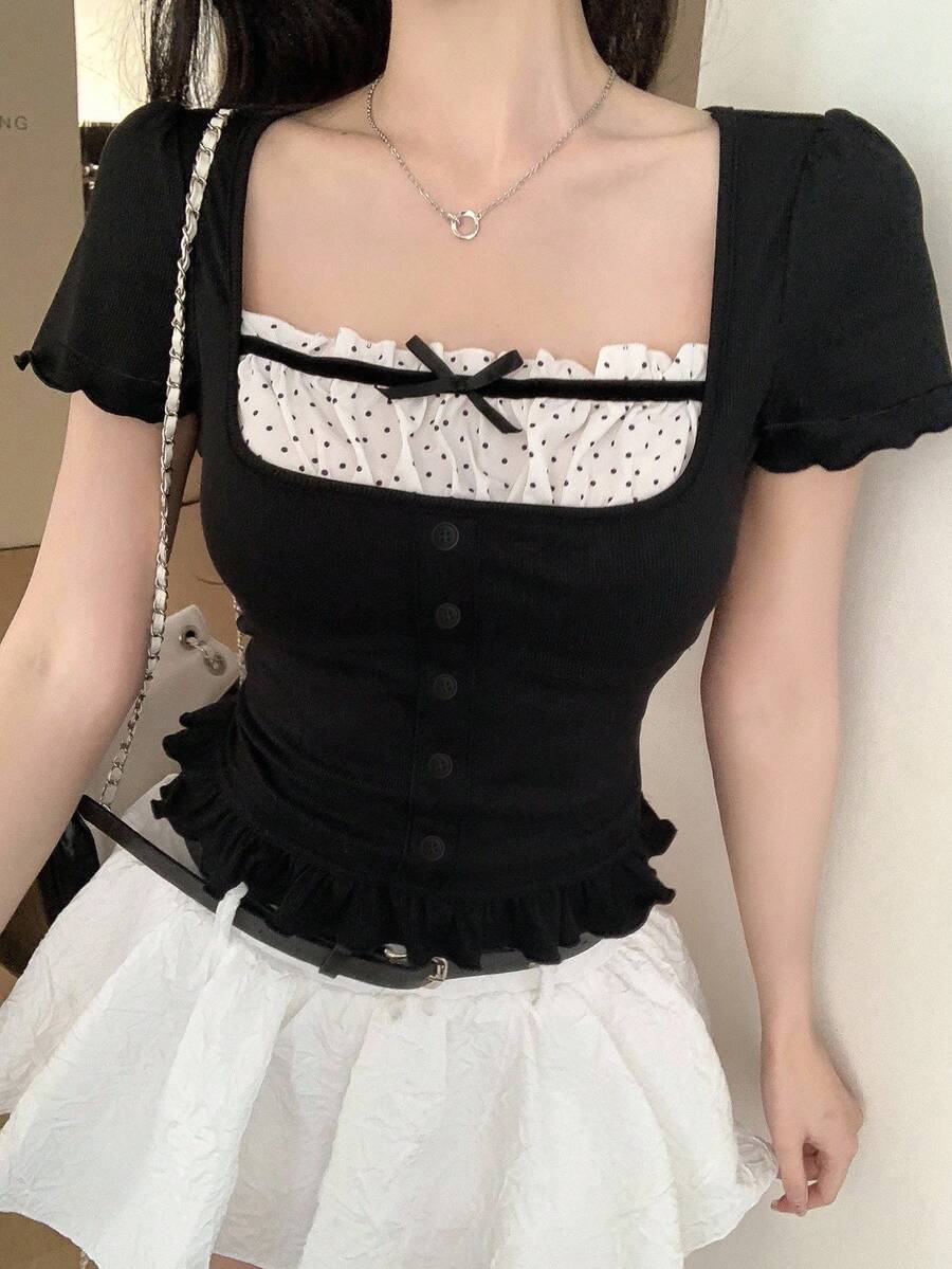 DAZY 女士撞色蝴蝶结休闲短袖T恤夏季娃娃衫可爱上衣 - 黑色 - 查看 1