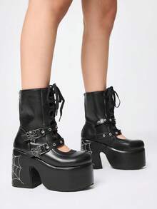 ROMWE Grunge Punk Sandales à talons pour femmes, bottes cool, sangles, ajourées, tête de sac, style romain, muffin, talons hauts, plateforme, talon compensé, sandales ajourées - Noir - Voir 4