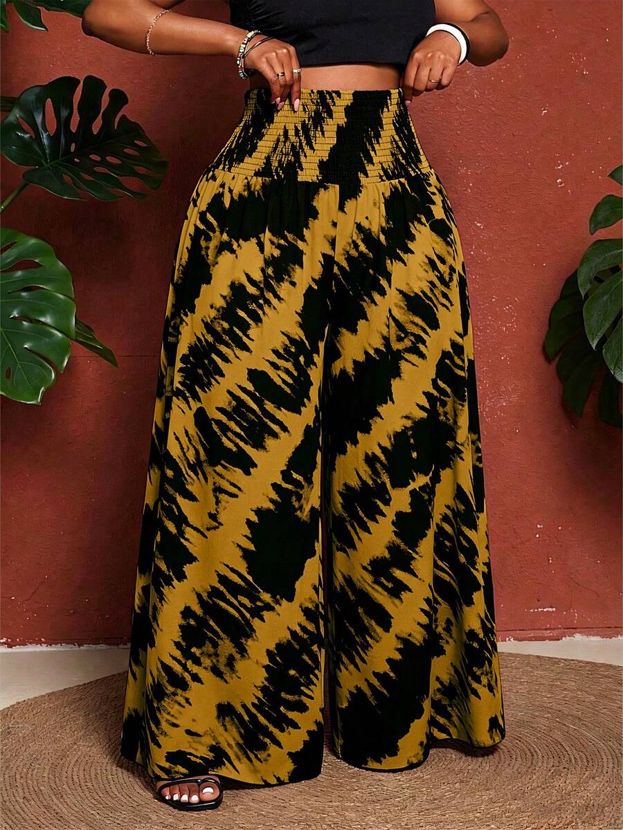 Maweii Pantalones de talla grande con cintura alta, cintura plisada y estampado de bloques de color - Amarillo - Ver 1