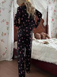 CottageSlumber Women's Cute Ditsy Floral Ribbed Trim Long Sleeve Top & Pants Romantic Floral Pajama Set, Fall & Winter Clothes - Black - View 3