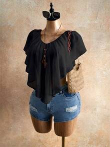 Mistrie Women's Summer Ruffled V-Neck Cropped Top Short Flared Sleeve Bohemian Classy Elegant Tie Chiffon Shirt Minimalist Solid Color Beach Vacation - Black - View 4