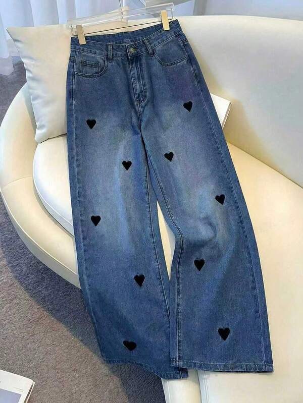 GlowEve CURVE Jeans larges délavés avec broderie cœur et strass, style décontracté pour femme grande taille, pour le quotidien et les trajets