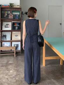 DAZY Women's Summer Striped Spaghetti Strap Top And Long Pants Casual Two Pieces Set - Navy Blue - View 6