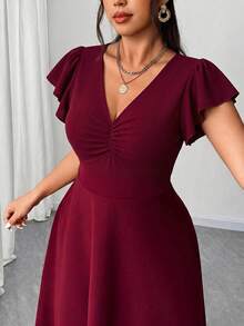 Elenzga Plus Size Women's Ruffle Short V-Neck Ruched Waist Flared Dress - Burgundy - View 6