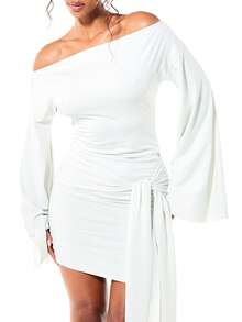 SUMWON WOMEN Slinky Jersey Off Shoulder Bell Sleeve Tie Waist Mini Dress Party Bodycon Style - White - View 3