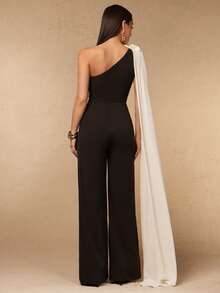 Silquee Women's 3D Floral Decor One-Shoulder Colorblock Casual Everyday Outing Jumpsuit - Black - View 2