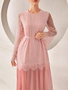 Graceveil Elegant Lace Pleated Long Sleeve Round Neck Arabian Dress, Pink, Suitable For Women, Spring/Summer Clothing - Pink - View 5