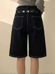 DAZY Solid Color Loose Button Decor Cuffed Hem Straight Leg Black 5/8 Length Denim Jeans - Black - View 2