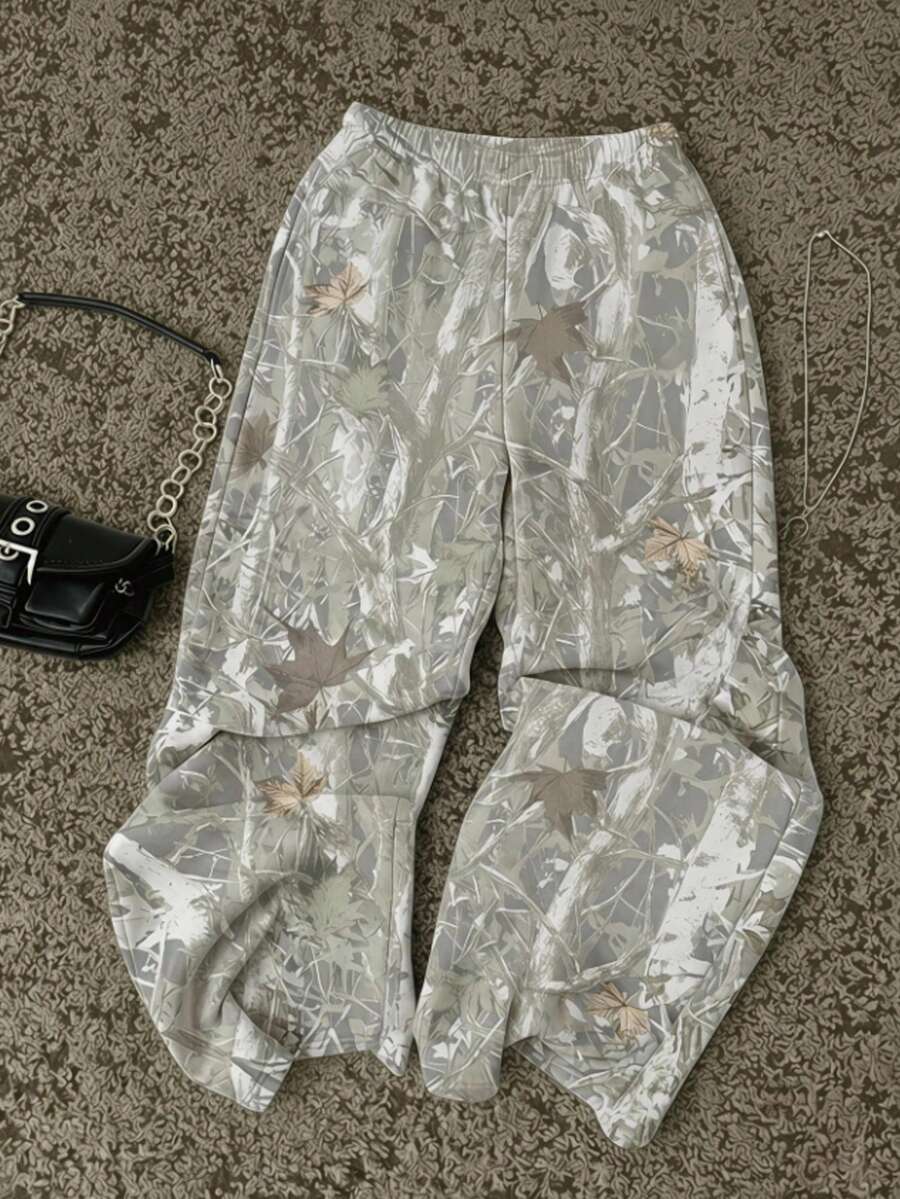 Attitoon 女款休閒極簡運動街頭風百搭派對機場 Y2K 褲,做舊樹枝葉脈印花外出褲,夏季龐克風 - 彩色 - 查看 1