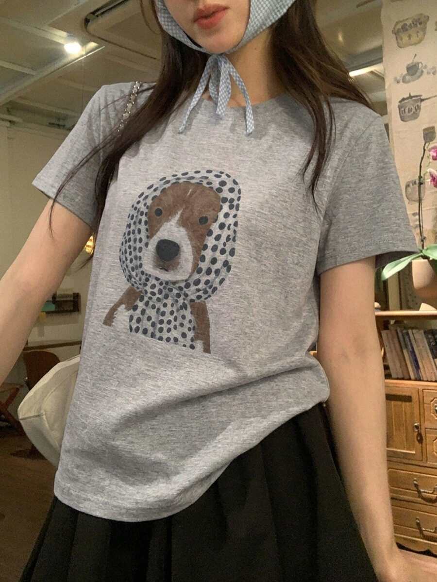 DAZY 女款圓領卡通頭巾小狗韓風春夏短袖T恤圖案印花可愛上衣 - 灰色 - 查看 1