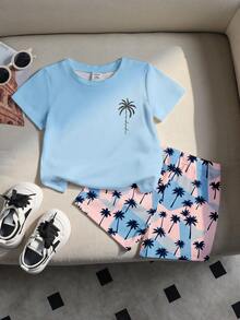 SHEIN Playful Pals RANDOM 1套男嬰彩色度假休閒極簡時尚經典度假椰子樹字母印花圓領T恤與配套短褲全身椰子樹圖案拼色印花套裝，適合春/夏季出遊、度假等 - 彩色 - View 2
