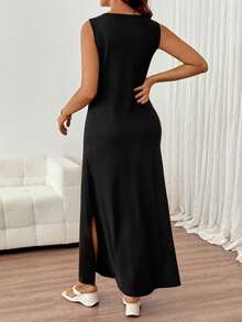 Slowluna Maternity Solid Color Round Neck Side Slit Hem Fitted Tank Dress Loungewear  - Black - View 8