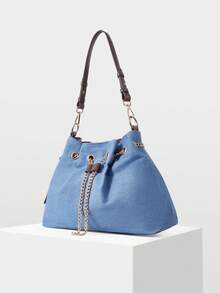 MOTF WOMEN'S FASHION SHOULDER BAG, CASUAL RETRO BLUE SPLICING, EXQUISITE CHAIN TOTE BAG, SUITABLE FOR DAILY, COMMUTING, SHOPPING, VACATION, TRAVEL, VERSATILE - Blue coffee - View 2