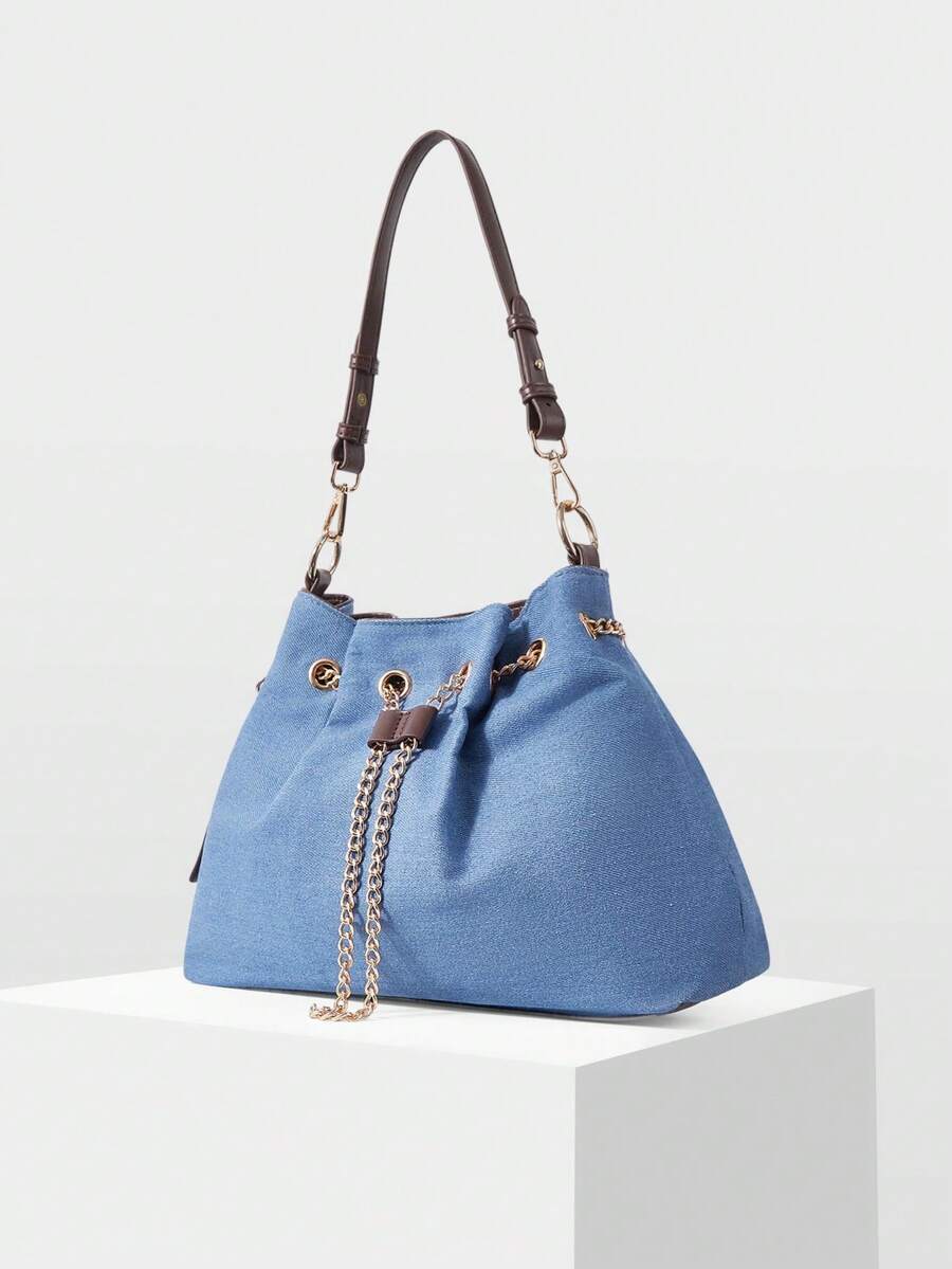 MOTF WOMEN'S FASHION SHOULDER BAG, CASUAL RETRO BLUE SPLICING, EXQUISITE CHAIN TOTE BAG, SUITABLE FOR DAILY, COMMUTING, SHOPPING, VACATION, TRAVEL, VERSATILE - Blue coffee - View 2