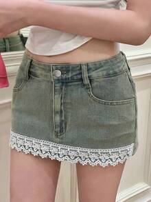 DAZY Spring Summer Vintage Lace Street Wear Y2k Washed Hollow Patchwork Casual Vacation Beach Dates Everyday Bodycon Denim Skirt For Women White - Light Wash - View 11