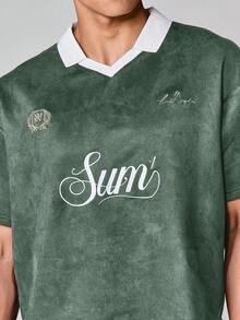 SUMWON 休閒寬版麂皮 Polo 衫，刺繡文字 Logo 與對比領短袖上衣 - 綠色 - 查看 4