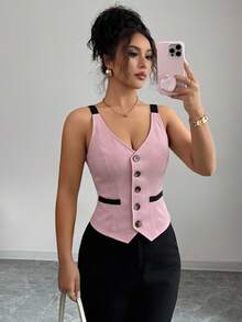 Elenzga Summer Elegant Commuter Vacation Casual Versatile Slim Fit Deep V-Neck Woven Romantic Vintage Button Exquisite Vest - Pink - View 1
