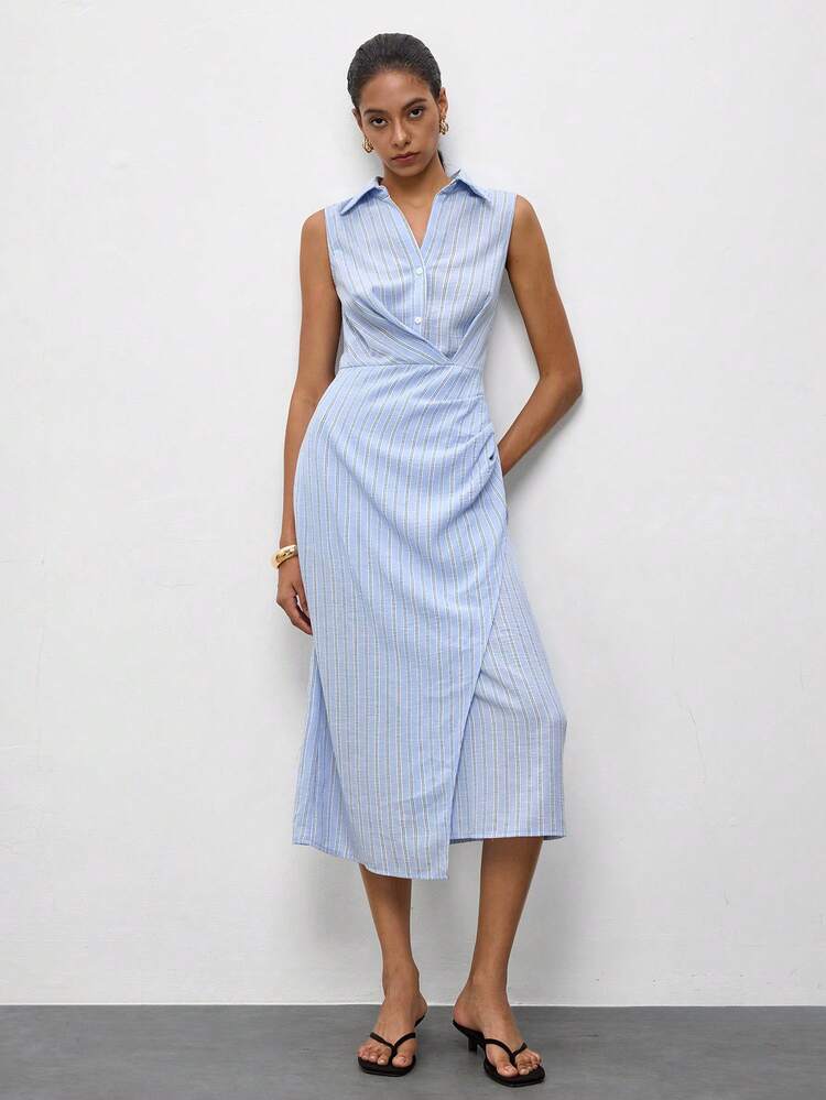 SHEIN Maija Women's Summer Casual Striped Sleeveless Wrap Midi Dress,Going Out Outfits,Summer Holiday Outfits