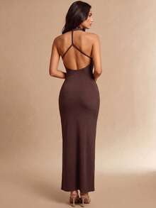 Silquee Women's Basic Dark Brown Ribbed U-Neck Dress, Versatile, Backless, Crossover Design, Fitted Halter Neck Dress, Summer Dress, Vacation Sexy - Brown - View 6