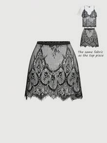 SHEIN MOD Saia curta versátil de renda da moda para mulher - Preto - Ver 2