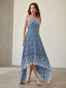 MOTF PREMIUM WOMEN'S BLUE FLORAL FLORAL EMBROIDERED ASYMMETRICAL HEM MIDI DRESS WEDDING GARDEN PARTY VACATION SUMMER SEXY ROMANTIC ELEGANT TROPICAL - Blue - View 4