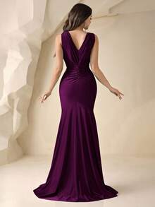Coutiva Deep V Neck Ruched Fishtail Evening Gown,Women's High Waist Formal Party Dress,Elegant Heavy Embroidery Rhinestone Bridesmaid Dress - Purple - View 2