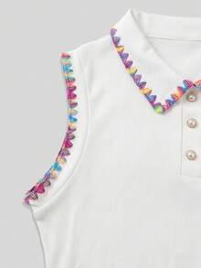 Resyla 彩色狗牙邊 + 心形刺繡 POLO 領無袖針織大尺碼女上衣 - 彩色 - 查看 3
