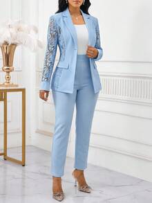 SHEIN Lady 女款白色與藍色對比蕾絲套裝，四季通用秋冬穿搭 - 藍色 - 查看 4