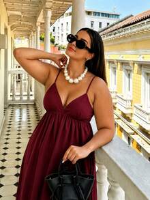 Cévolie Plus Size Slimming Backless Spaghetti Strap Dress, High Waist Tummy Control Flattering Design, Flowy Draping Fabric, Summer Vacation Elegant Burgundy - Burgundy - View 4