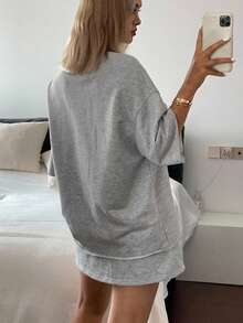 Livesso Women's Solid Color Round Neck Top And Drawstring Waist Mini Skirt Casual Daily 2-Piece Set - Grey - View 2