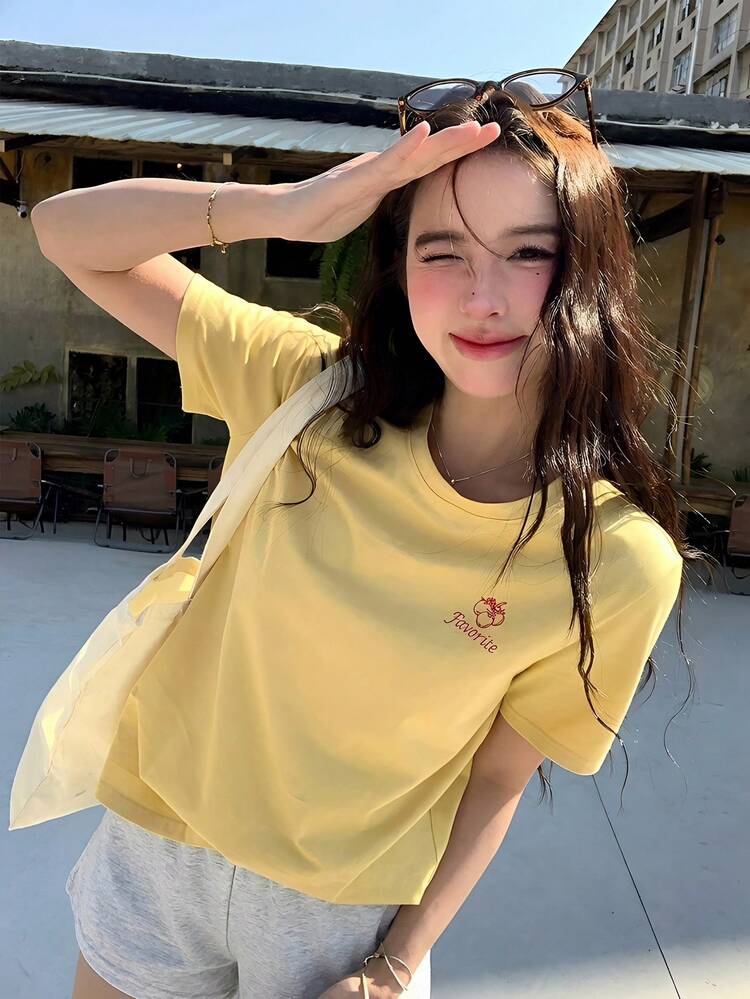 DAZY 2件套女士水果图案宽松短袖T恤和短裤睡衣套装，夏季 - 黃色 - 查看 8