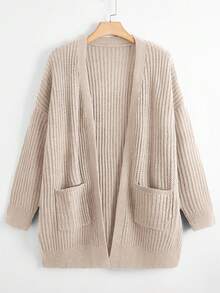 Linhara Plus Size Women's Autumn/Winter Loose Casual Knitted Long Sleeve Double Pocket Cardigan Black Everyday Pique Wicker Machine Knit Versatile Sweater Jacket - Khaki - View 1