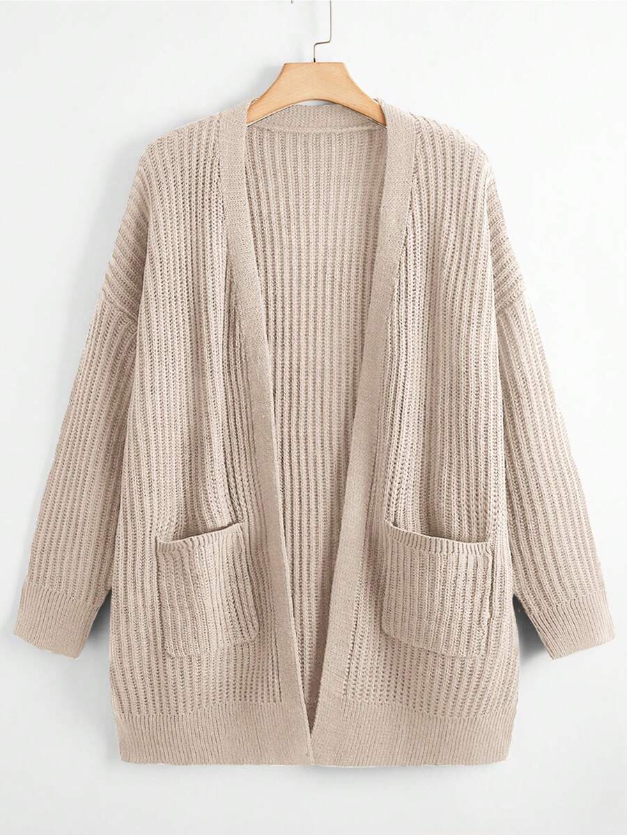 Linhara Plus Size Women's Autumn/Winter Loose Casual Knitted Long Sleeve Double Pocket Cardigan Black Everyday Pique Wicker Machine Knit Versatile Sweater Jacket - Khaki - View 1