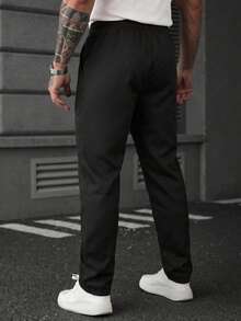 Manfinity CasualCool Celana Panjang Hitam Pria, Desain Tali Serut, Saku dengan Hiasan Paku Keling, Serbaguna, Cocok untuk Semua Musim, Pakaian Kasual Jalanan, Liburan Musim Gugur, Gaya Y2K - Hitam - View 2