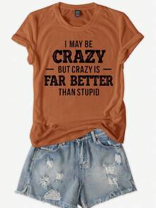 INAWLY Sommar Slogan Print Kortärmad Casual T-shirt för kvinnor - Kaffebrun - Visa 3